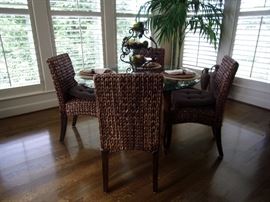 Glass top round kitchen table with 4 Pottery Barn SEAGRASS SIDE CHAIR - New $159.00. Incredibly durable, renewable, and rich in tonal variation, seagrass and abaca bring relaxed style to the dining room.
HOW IT'S CONSTRUCTED
Made of kiln-dried solid wood frame.
Solidly constructed using mortise-and-tenon joinery and corner blocks for exceptional stability.
Honey finish is woven of seagrass with honey stained legs.
Havana Dark is woven of abaca with mahogany stained legs.
DETAILS YOU'LL APPRECIATE
Natural seagrass has a subtle fragrance similar to hay and other grass varieties; this scent will dissipate over time.
Color variations are inherent in the natural plant fibers used in our seagrass collection. The result may be differences in color tone from that shown.
Sealed with two coats of clear lacquer for moisture resistance.