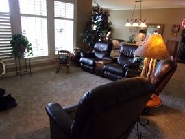 La-Z-Boy Leather dual recliner with storage table and 2 La-z-Boy Leather recliners