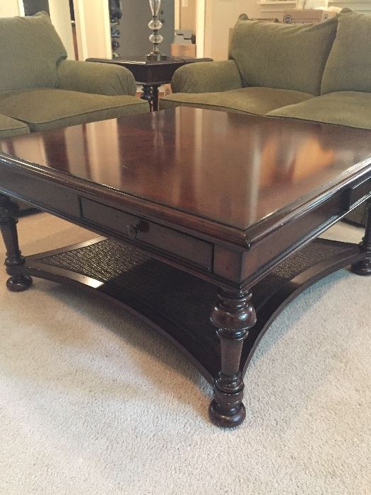 COFFEE TABLE WITH 4 DRAWERS AND CANE SURFACE UNDERNEATH TABLE 