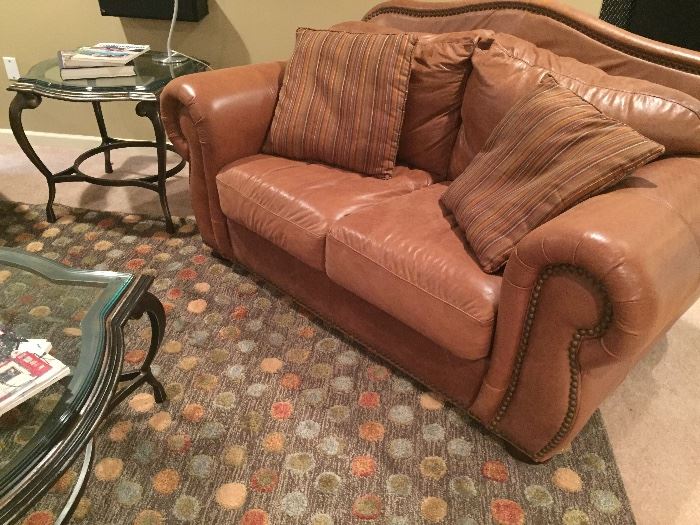LEATHER LOVE SEAT AND SIDE TABLE - GLASS AND METAL