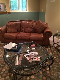 LEATHER COUCH WITH COFFEE TABLE - GLASS AND METAL