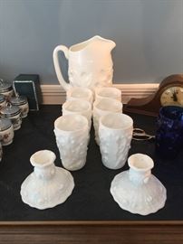 Set of 6 glasses, pitcher and 2 candlesticks 
