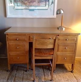Vintage Oak Desk on Castors, Chair