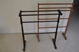 American Victorian walnut rocker dark stained with oval cane back and seat front turned legs circa 1865-1875, pine antique towel/quilt rack