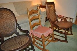 American Victorian walnut rockers with caned seat and back circa 1860-1870, small light wood antique slat back rocker, 
