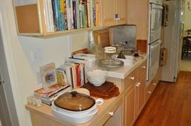 Cookbooks, Pyrex, Corning Ware, baking dishes, cutting boards