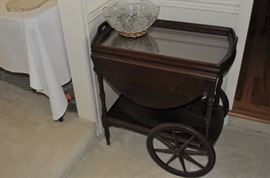 American walnut drop leaf tea car with removable glass tray