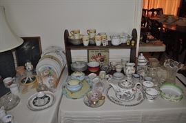 Lamp antique, framed antique print, porcelain dresser set, cups and saucers, Tea Leaf ironstone, pitchers, Wheeling Peach Blow finger bowl American circa 1880