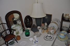 Miniature  Windsor arm chair, framed French fashion color prints, oval American walnut picture frame circa 1860, framed child's photograph 1800s, hand painted china, porcelain dresser set, cups and saucers, milk glass