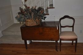 American Victorian walnut rectangular drop leaf table on four partially turned legs circa 1865-1875, American Victorian mahogany side chair with upholstered seat circa 1860