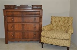 American Victorian walnut chest of four long drawers and two short drawers piecrust corners circa 1860-1870, vintage chair professionally upholstered in fine floral print