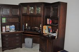 Riverside Furniture Corp. EHO Home Office 3-piece corner unit with glass front doors, shelves, file cabinet, CPU cabinet, corner and cabinet hutch, paper shredder, Bombay desk set, miscellaneous desk items