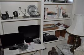 Antique pewter, handmade pewter, antique wooden tool box, candlesticks, books, Naxa 16” wide screen HD LED TV new NT-1506, Toshiba HD LCD TV/DVD combination 26CV100U, DVD player, Stifel vintage lamp, love seat and matching sofa