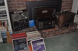 Akai 4 channel surround stereo tape deck GX 280 DSS, albums, antique copper boiler with lid, vintage shoe ice skates, vintage ice skates