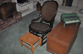 American Victorian walnut cane round seat and oval back, vintage woven stool, American pine storage chest hinged lid with dovetail, Schoenhut toy grand piano  