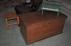 American Victorian walnut cane round seat and oval back, vintage woven stool, American pine storage chest hinged lid with dovetail, Schoenhut toy grand piano 