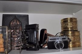 Copper plaque, vintage Minolta camera, Kodak No. 2 folding Brownie Autographic antique camera, brass planters