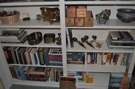 Wooden antique cheese boxes, brass, vintage Minolta camera, Kodak No. 2 folding Brownie Autographic antique camera, pair brass wall mounted candlesticks, travel guides