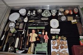 Shelley cup and saucer, Paris opera glasses, ink wells, German paper mache egg, Kewpie pin tray, compass with signaling mirror, Arcade cast iron stove, Arcade cast iron mangle, miniature wooden kitchen items, Nancy Ann doll, small Lenci-like dolls, letter openers, German jasperware, jewelry (will be added the morning of the sale prior to opening), old drafting tools, sterling, Soligor 135mm f:4.5 telephoto for Argus C-3, antique pitch pipe... and lots more!