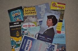 Mobil Oil road map 1960s, Northwest Orient Airlines souvenir flight book 1960s, assorted vintage maps and brochures
