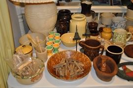 Sponge ware, vintage El Camino Real California Mission bells souvenirs, yellow ware bowls, crocks, pottery, iron trivet