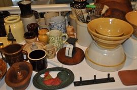 Sponge ware, vintage El Camino Real California Mission bells souvenirs, yellow ware bowls, crocks, pottery, iron trivet, wooden ware, vintage kitchen utensils, wooden bowls, small scale