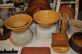 Sponge ware, vintage El Camino Real California Mission bells souvenirs, yellow ware bowls, crocks, pottery, iron trivet, wooden ware, vintage kitchen utensils, wooden bowls, small scale, vintage cookbooks, cutting boards