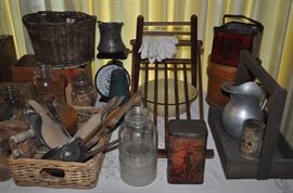 Antique bicycle basket, advertising tins, vintage canning jars, old kitchen utensils, aluminum pitcher, vintage scales, white gloves worn in 1950s marching band, antique butter press, enamelware, antique slaw cutter, desk bell vintage, antique meat grinder, old school bell, small pine spice chests, primitive sugar bucket Firkin, copper and brass pots and buckets