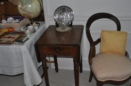 Assorted children's antique dishes, Cub Scout patches, pins, pliers, vintage globe, American walnut drop leaf table with one drawer turned legs, silver plate round platter, crystal vase, American walnut side chair with upholstered seat