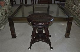 American glass ball and claw 4 leg adjustable piano stool, square brass coffee table with glass top