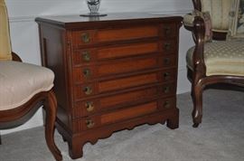 American walnut side chair with upholstered seat, American walnut spool cabinet of six drawers original brasses circa 1875-1885, American Victorian walnut gentlemen’s open arm chair fruit and nut carved motif upholstered in yellow floral brocade fabric with tufted back circa 1860-1870