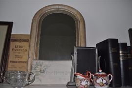 American walnut side chair cane seat, Majolica, miniature  Windsor arm chair, framed French fashion Oval American walnut picture frame circa 1860, vintage swing frame, cut crystal, music books, bibles 