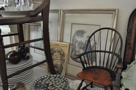 Ironstone, framed French fashion prints, miniature Windsor arm chair, Godey's Lady's books 1871 and 1863