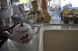 Grinder, food processor, plates, tea pot, mugs, coffee cups, dinnerware, vases, carafes