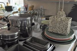 Revere cookware, Farberware pots and pans, bakeware, platters, dinner sets, goblets, serving pieces, bowls, bundt pan