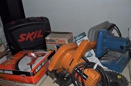 Skil saw in case, Black & Decker saw, Ryobi saw, Black & Decker drill, Skil palm sander