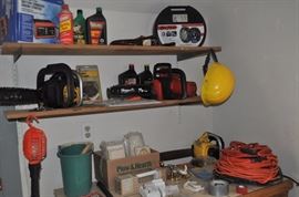 Chain saw, hedge clippers, saws, hard hat, extension cords, snow chains, miscellaneous