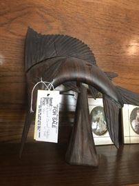 #34 Wood carved fish statue, 12" tall, $45