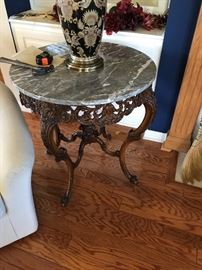 Antique Marble Topped Carved Stretcher Base Table