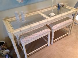 glass table and 2 upholstered benches