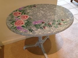 antique tilt-top, hand painted fireside table