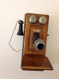 Antique oak crank telephone, original