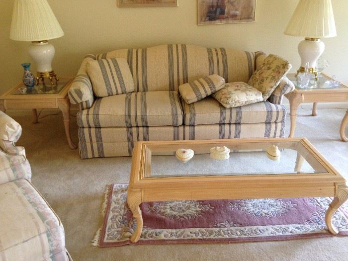 Full size couch, cream and blue