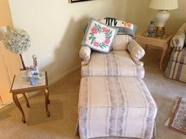 Chair and ottoman, cream and blue