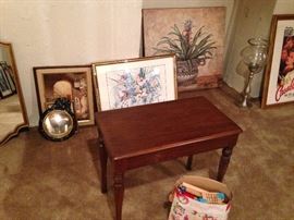 piano bench, porthole mirror, paintings, candle holder, blocks