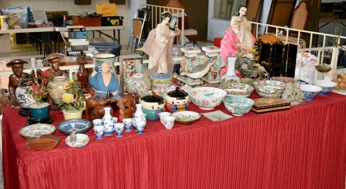Table full of Asian Import Ceramics and Collectibles
