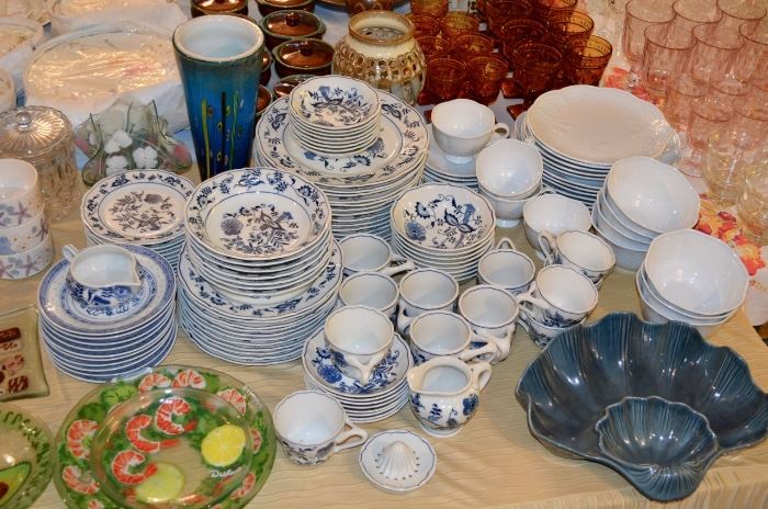 Tables of Glassware and Ceramics - Blue Danube Onion Pattern