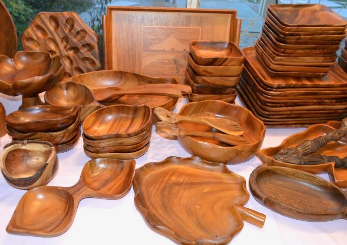 Table of Monkey Pod and wood serving pieces