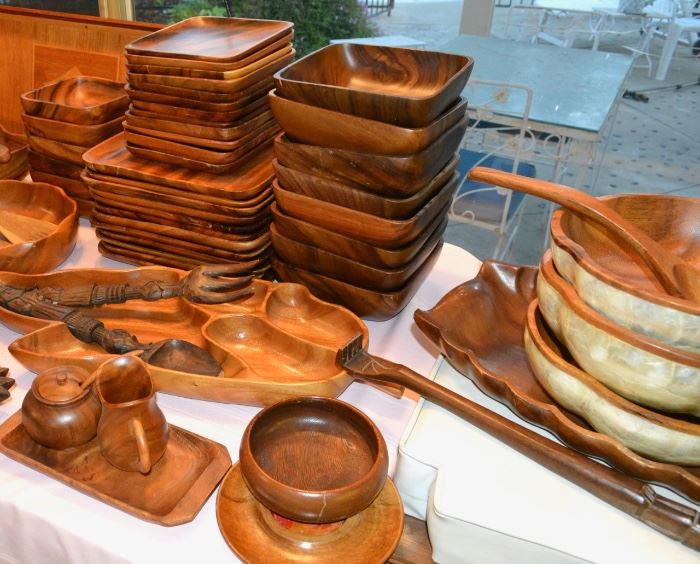 Table of Monkey Pod and wood serving pieces