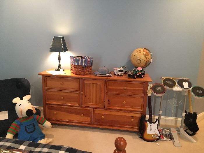 Stanley Winterhaven dresser, pottery barn lamp, rock band set, globe, Hess trucks, large stuffed Maisy